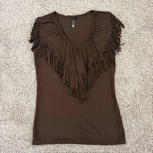 Fringe V-Neck Sleeveless Top RU Women Small 70s Retro Hippie Woodstock Western